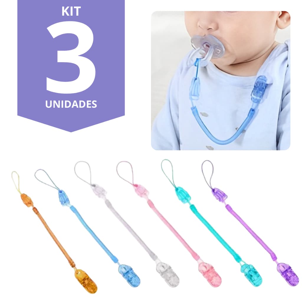 Kit com 3 Prendedor De Chupeta Universal Modelo Mola Bebê Menino Menina