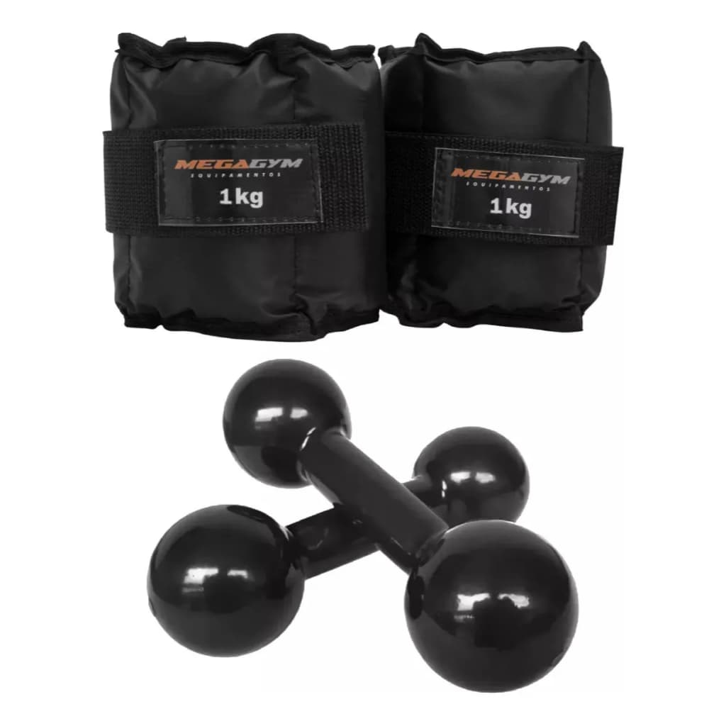 Kit Treino Fisioterapia Academia | 2 Caneleiras 1kg + 2 Halteres Emborrachados 1kg | Peso Musculação