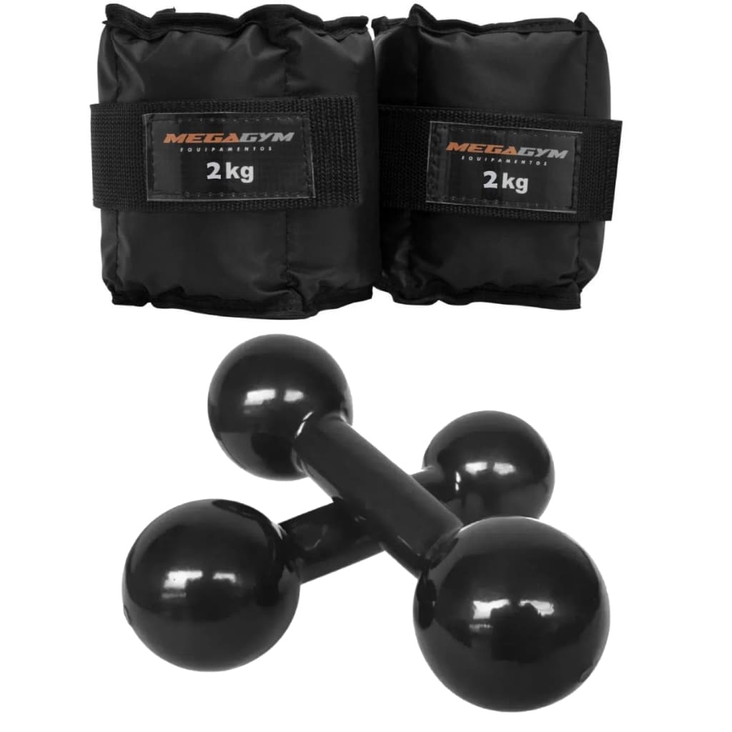 Kit Treino Fisioterapia Academia | 2 Caneleiras 2kg + 2 Halteres Emborrachados 1kg | Peso Musculação