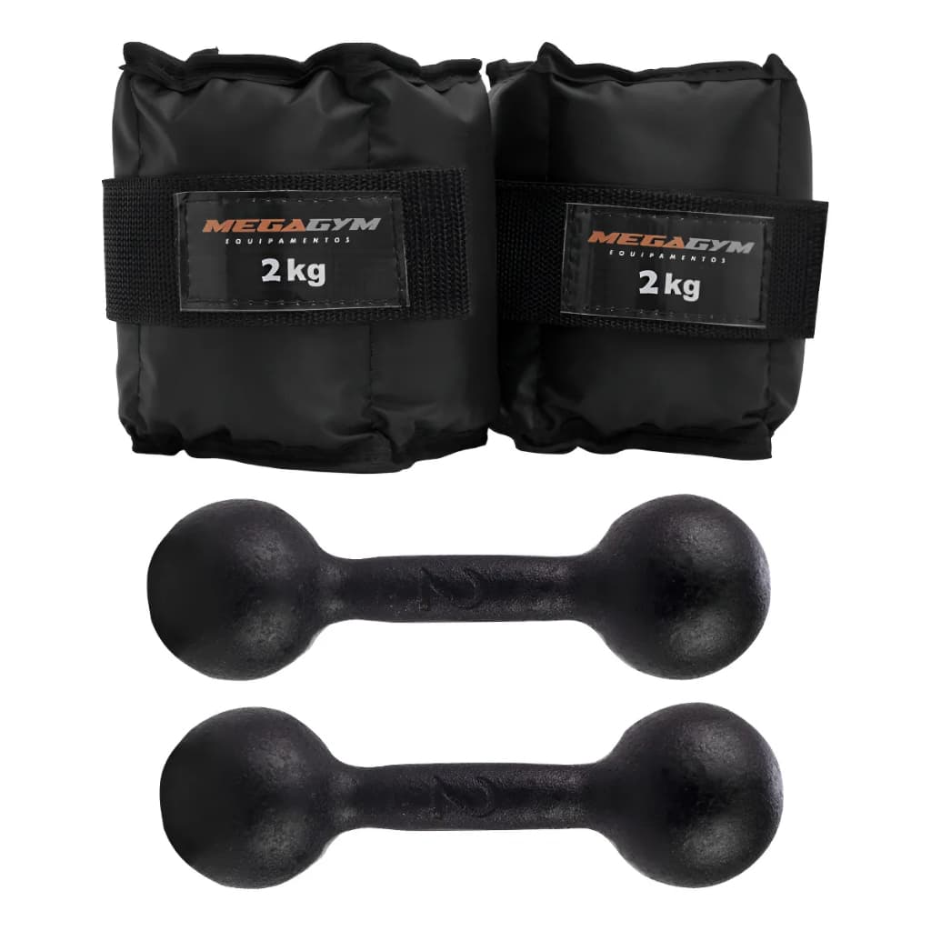 Kit Treino Fisioterapia Academia | 2 Caneleiras 2kg + 2 Halter Bola Pintado 2kg | Peso Musculação