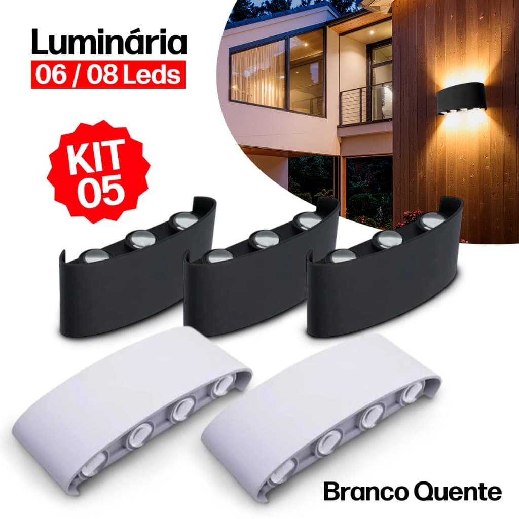 Kit 5 Luminária Arandela Meia Lua  6 Leds 8 Leds Bivolt Parede Externa Interna Branco Preto