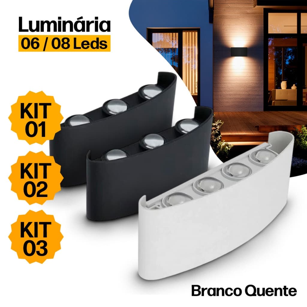 Luminária Arandela Meia Lua 6 Leds 8 Leds Bivolt Parede Externa Interna  Branco Preto