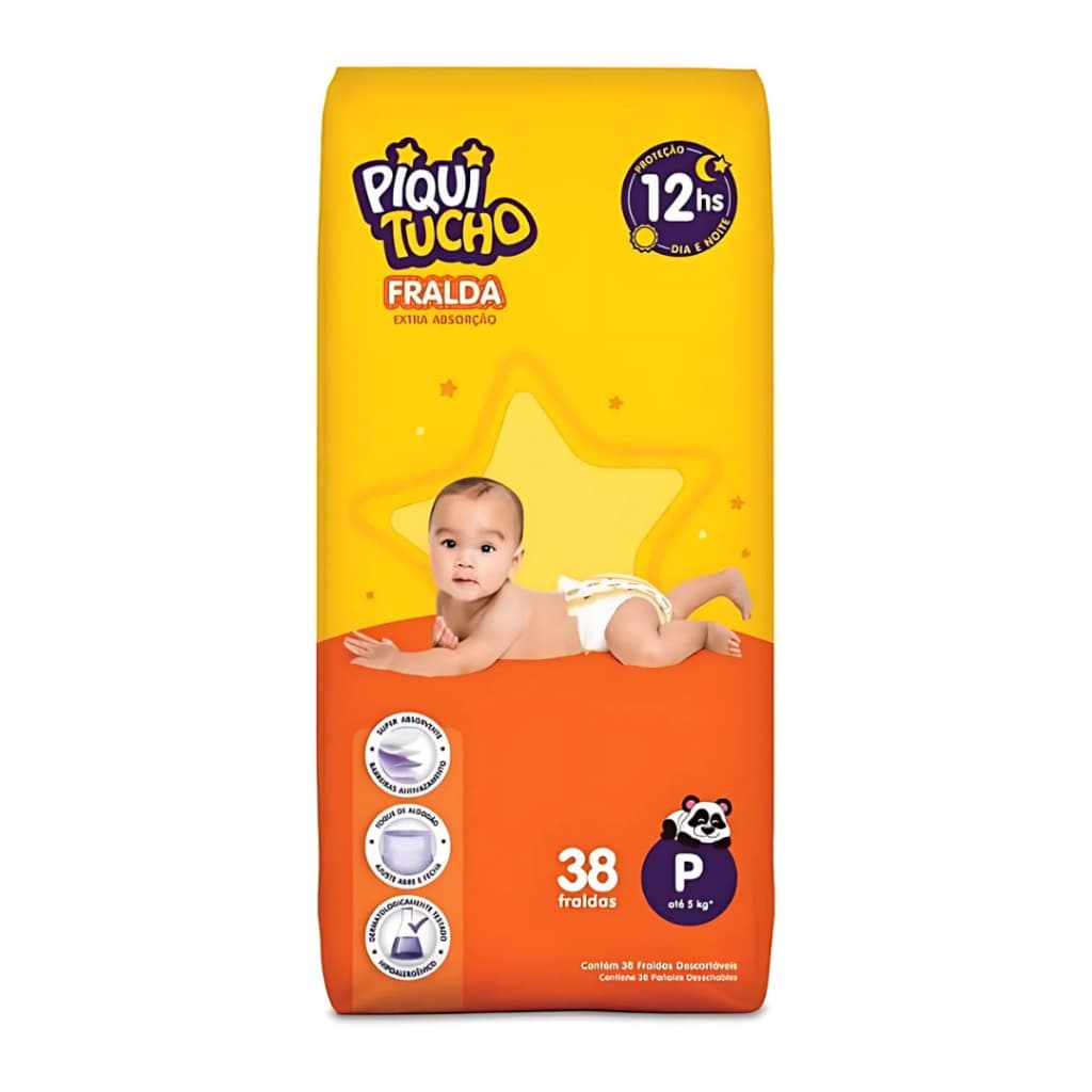 Fralda Descartável Infantil Piquitucho Mega Extra Absorção Fita Diurna Noturna