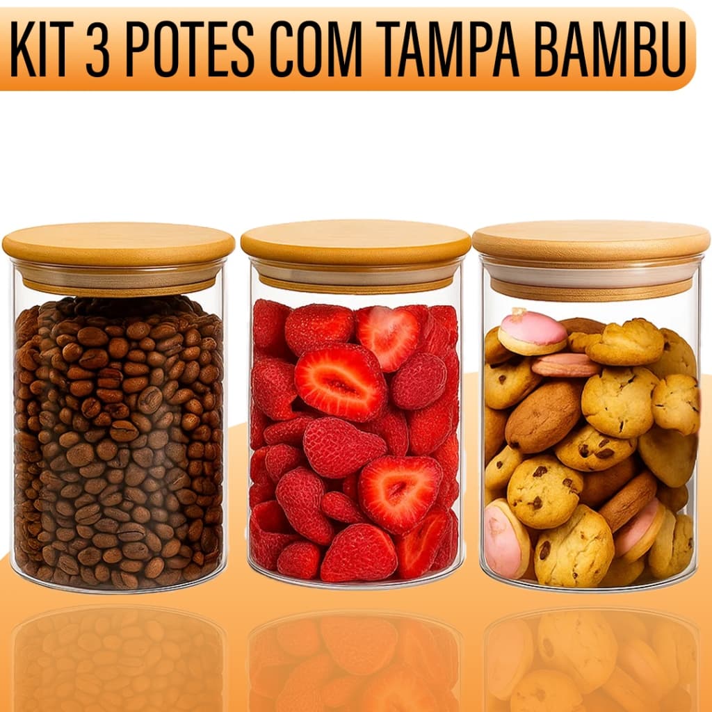 Kit 2/3/6 Pote com Tampa Bambu 600ml Vidro Hermético Yab Para Alimentos Condimentos