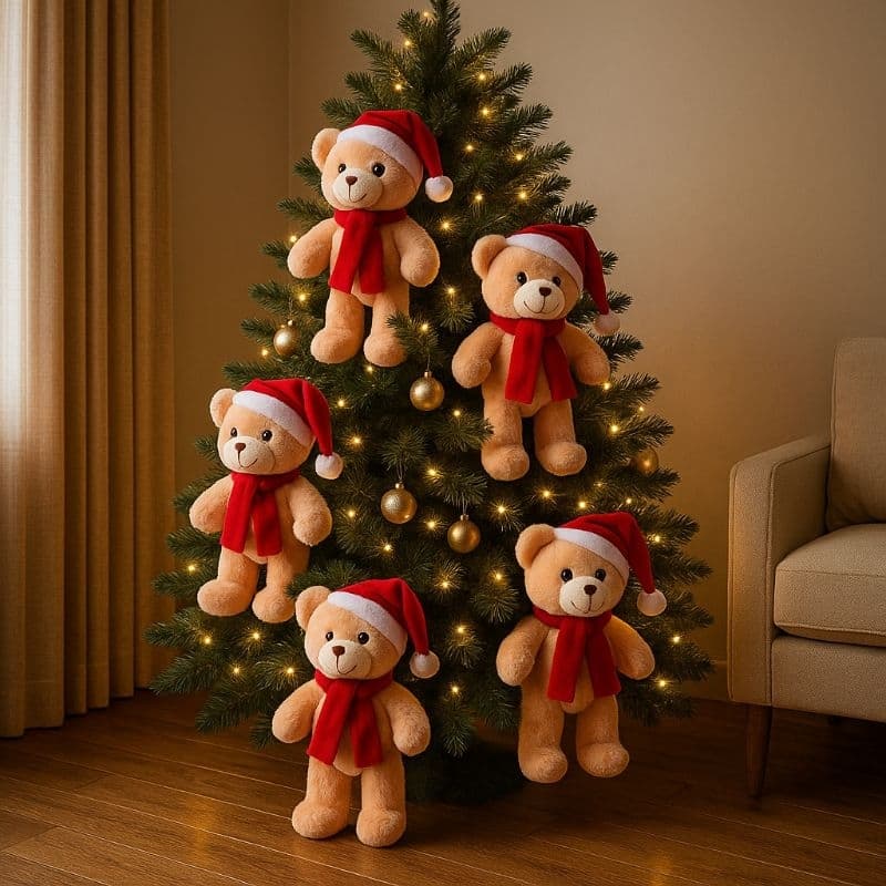 Urso de Pelúcia Articulado Natalino 25cm com Gorro e Cachecol de Papai Noel, Natal, Presentes, Decoraçao