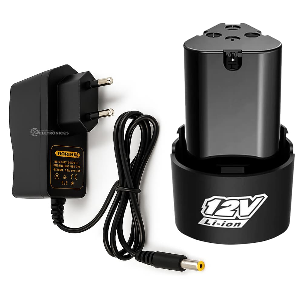 Bateria Recarregável 12V 1.3Ah Com Fonte Compacta Bivolt Para Parafusadeira Furadeira – KIT100