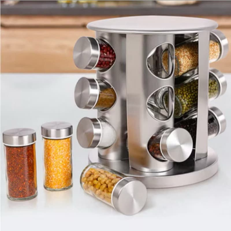 Porta Temperos e Condimentos Preto Giratório Inox com 12
