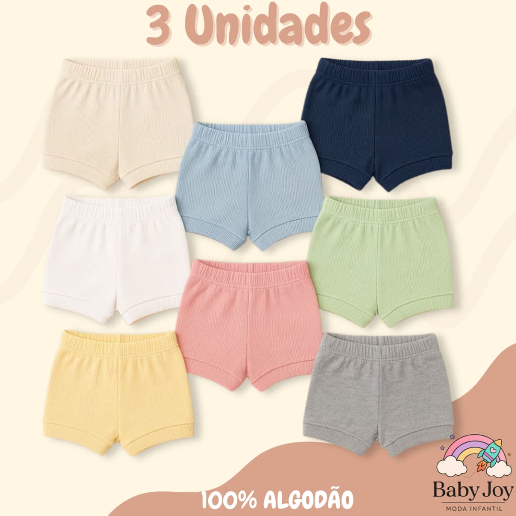 Kit 3 Shorts Tapa Fraldas Ribana Bebê Menino Menina Infantil Algodão Coloridos