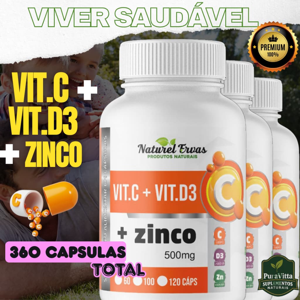 VITAMINA C + VITAMINA D3 + ZINCO - SUPLEMENTO 100% NATURAL = 120 CÁPSULAS 500Mg