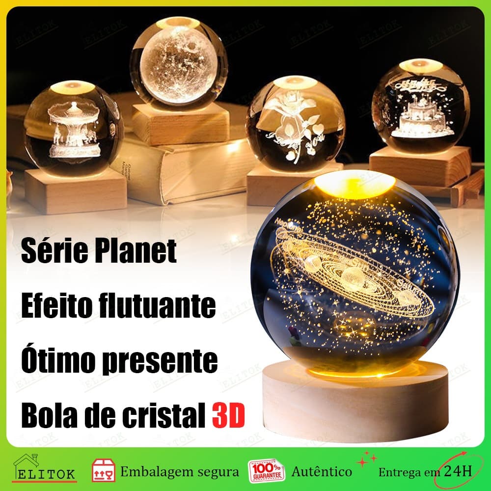 Luminaria de Mesa LED Cristal Bola com Base de Madeira 3D Lua Via Lactea Sistema Solar Decoração Casa USB