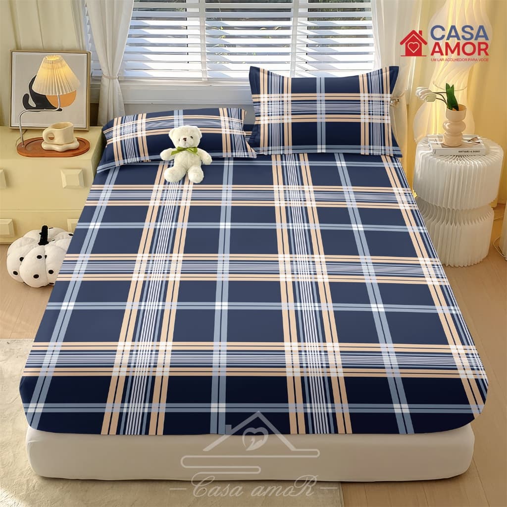 Linhas xadrez Jogo De Lençol  03 Peças SOLTEIRO/ CASAL /QUEEN Percal  Estampado Com elástico não desbota
