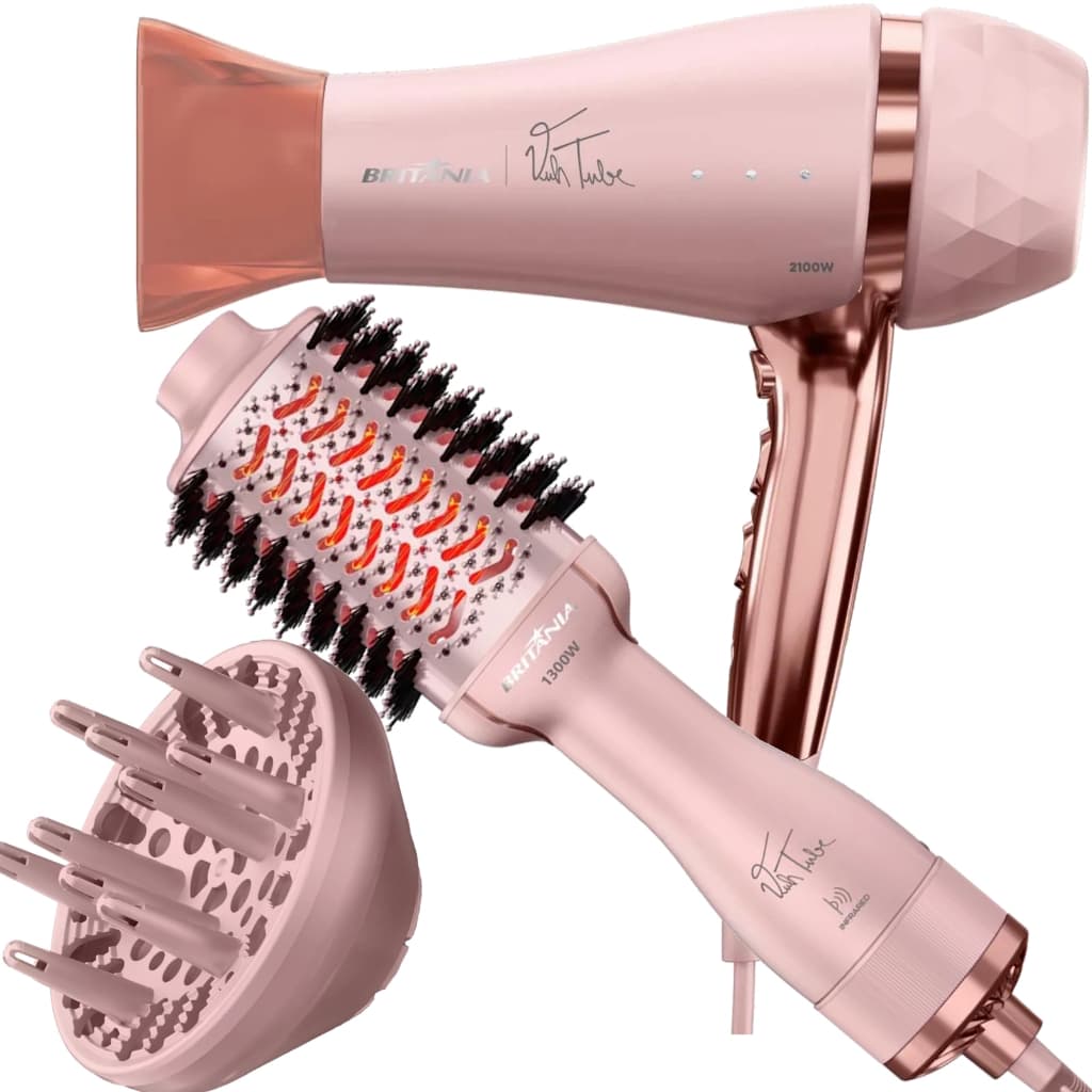 Secador De Cabelo Britania Profissional 2100w Ion Tubi Rosa Escova Secadora Alisadora 3 Em 1 Tube Bivolt