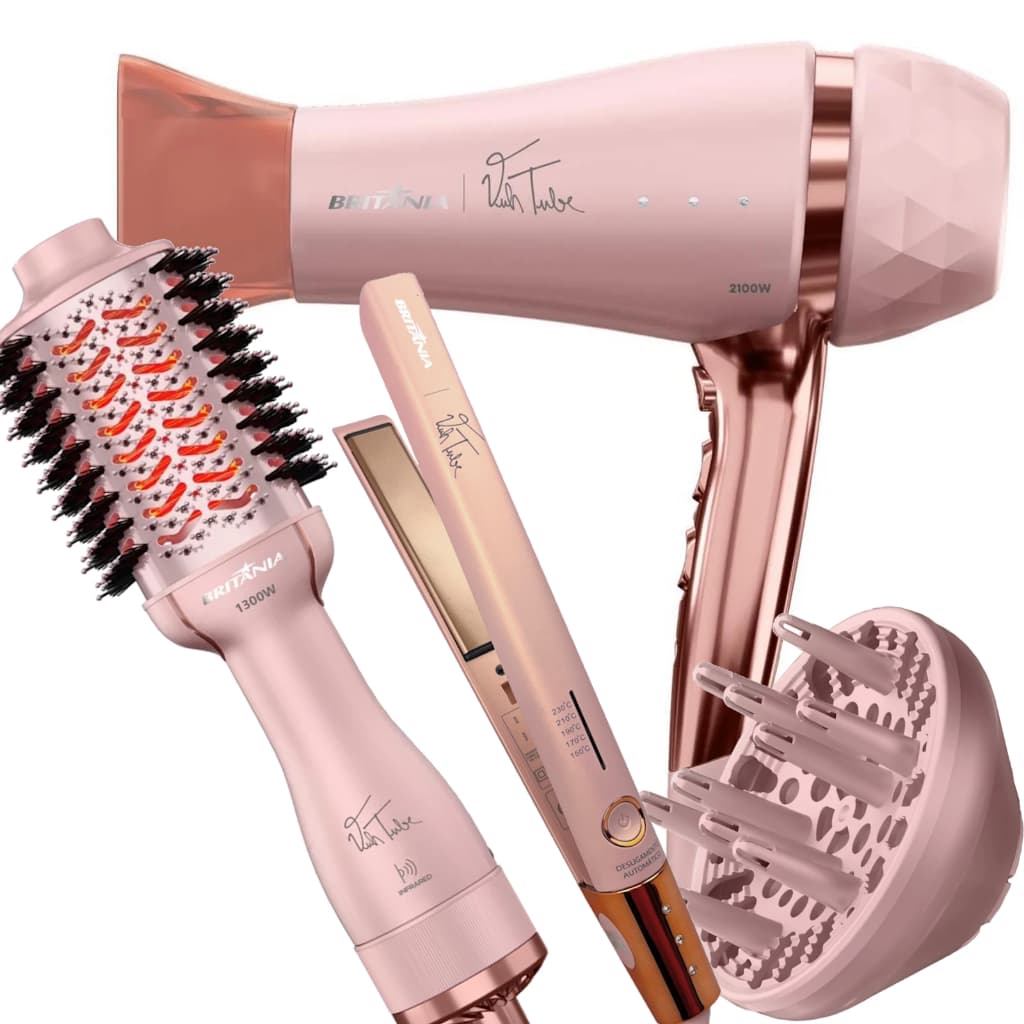 Secador De Cabelo Britania Profissional 2100w Ion Tubi Prancha Titanium 450f Progressiva Rosa Bs04 Escova 3 Em 1 Tube