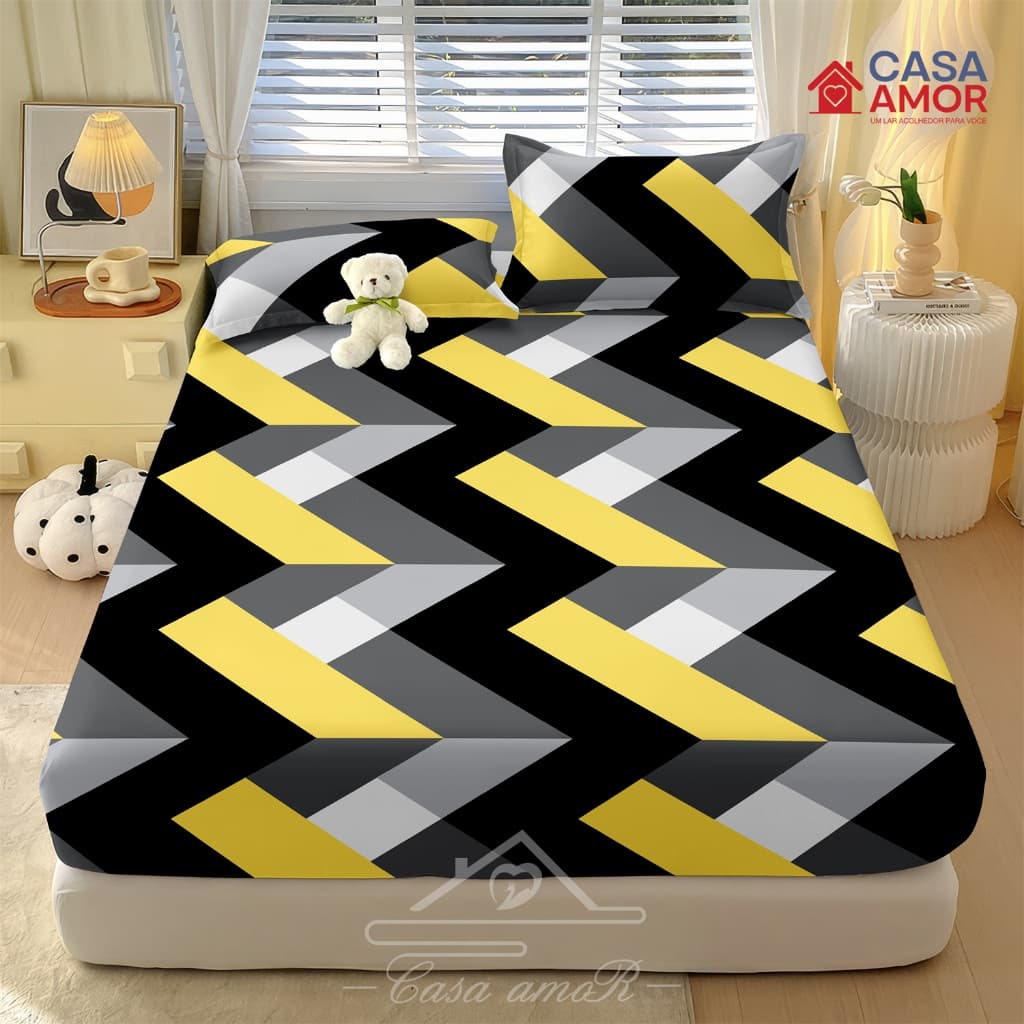 Amarelo geometria Jogo De Lençol Listras em preto e branco 03 Peças SOLTEIRO/ CASAL /QUEEN Percal  Estampado