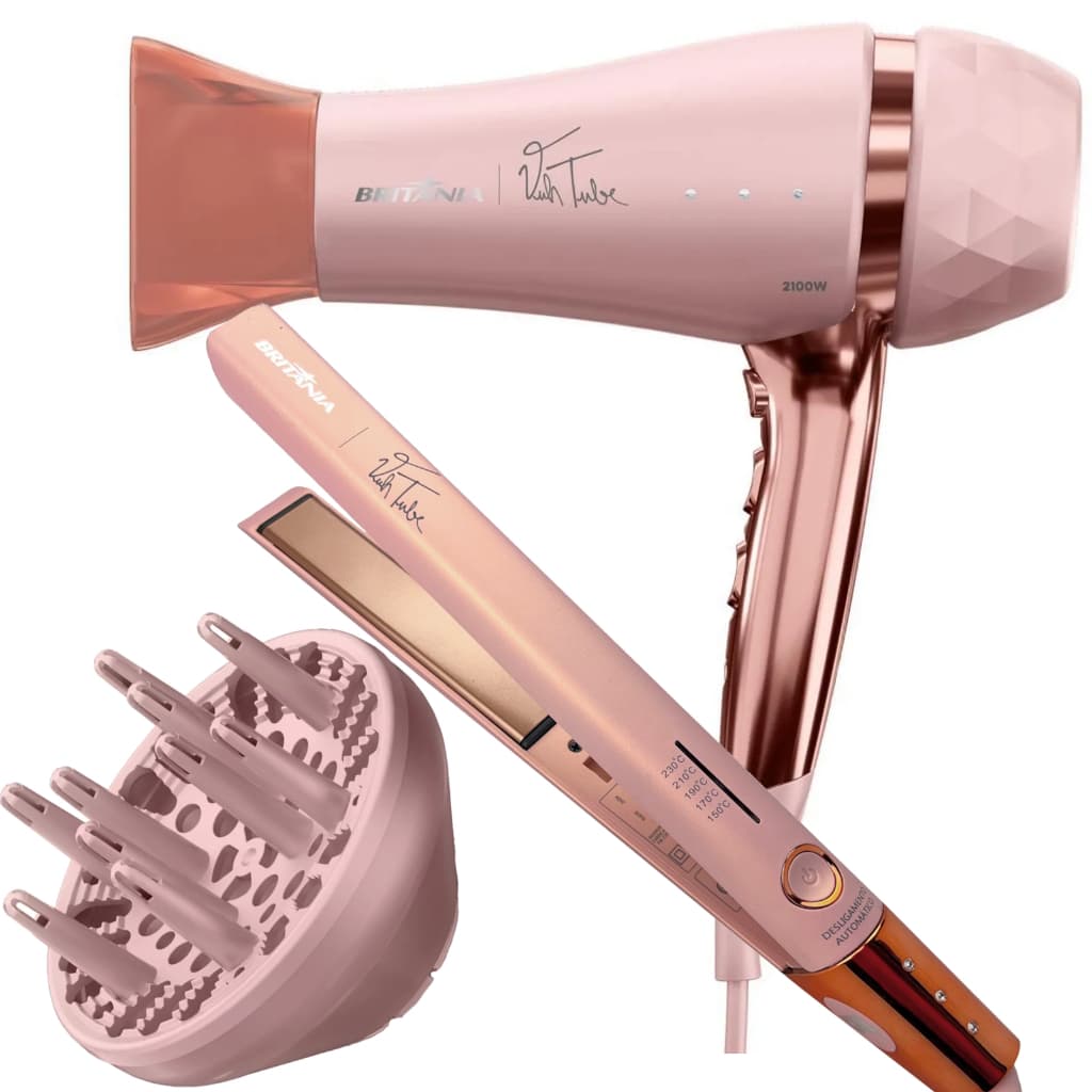 Secador De Cabelo Britania Profissional 2100w Ion Tubi Prancha Titanium 450f Progressiva Rosa Bs04 Bivolt