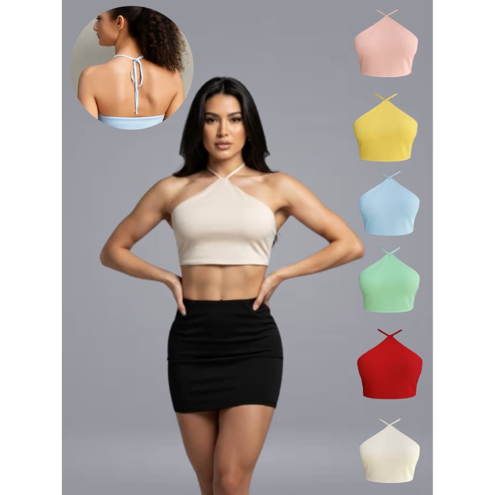 Blusa Feminina Fit Cropped Top Gola Halter Em V MiFashion Fit Tendência Primavera Verão Moda Fit Academia - Varias Cores