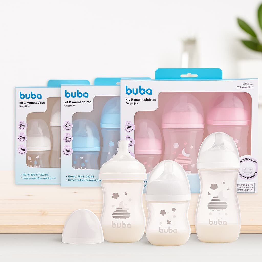 Kit 3 Mamadeiras Easy Flow Nuvem Branca Rosa ou Azul Buba 120ml 270ml 330ml Anticólica Mamadeira