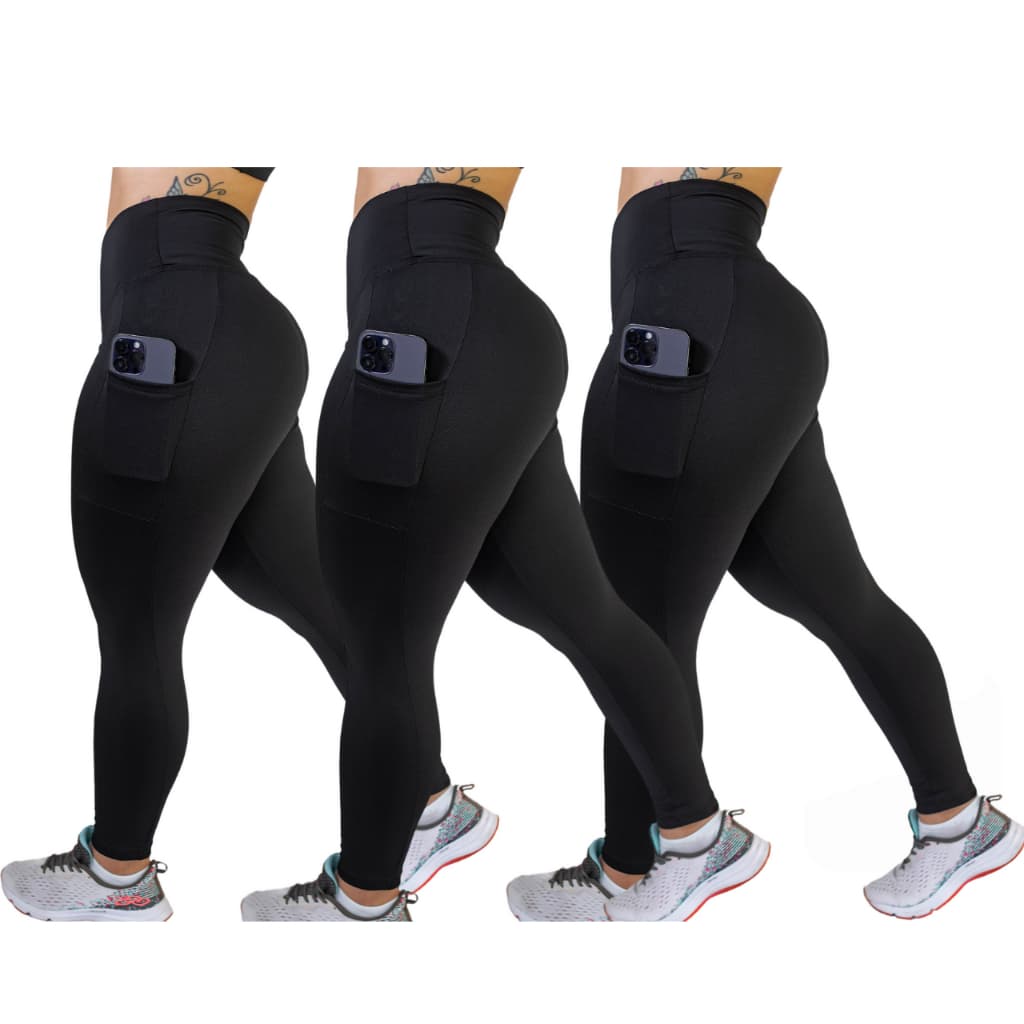 Kit 3 Calças C/ Bolso Cós Alto Costura Reforçada Caminhada Fitness Trabalho