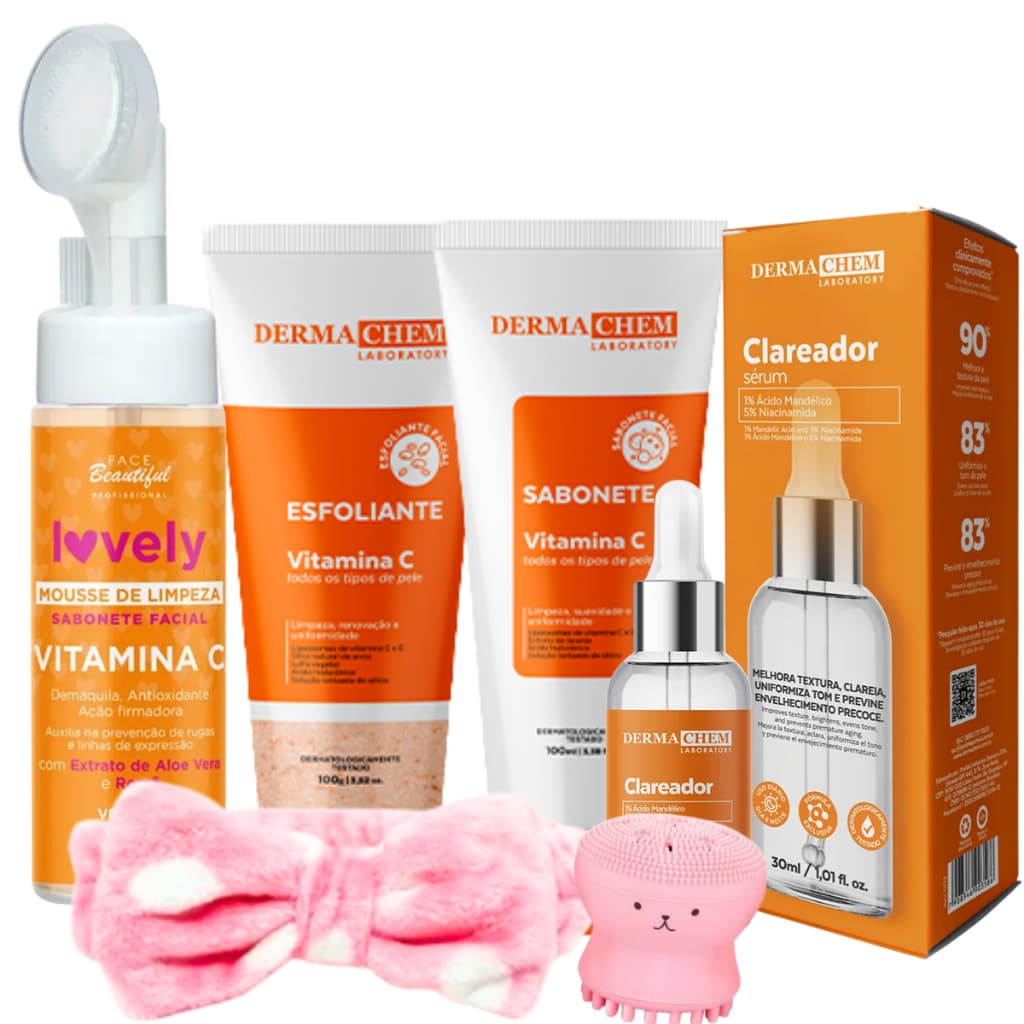 Kit skin care vitamina c limpeza de pele completo serum clareador
