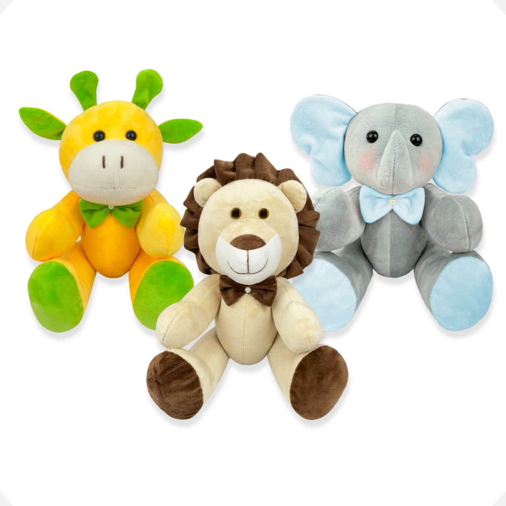 Trio De Bichinhos de Pelúcia Articulado Coleção Safari 25cm Brinquedo Antialérgico Decoração