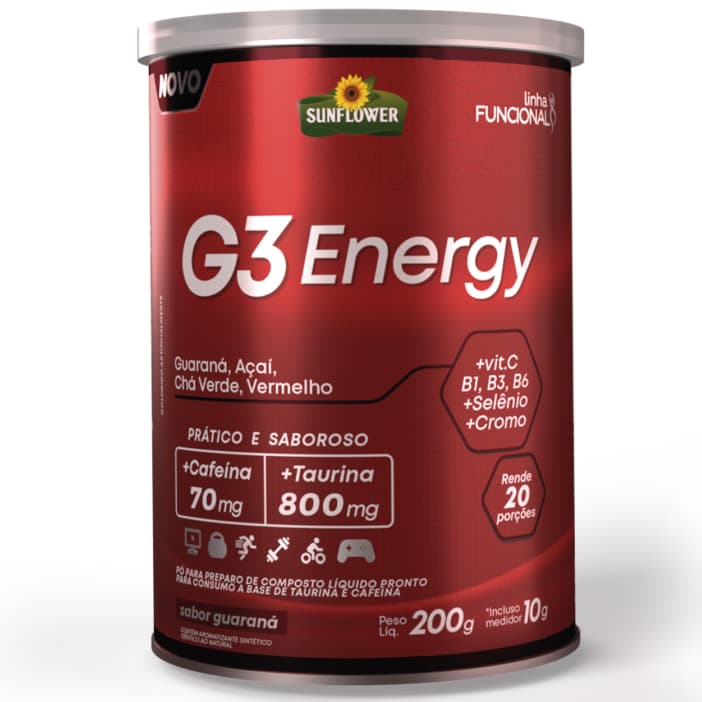 G3 Energy Energético - Pré treino - Sabor Açaí e Guaraná - Taurina Cafeína Solúvel 200g - Sunflower