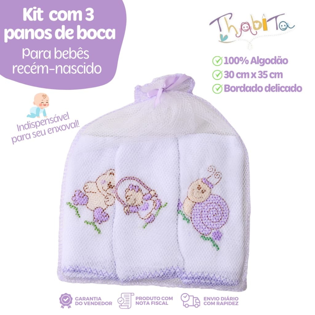 Kit 3 Panos de Boca Lilás para Bebê Recém-Nascido Estampas Sortidas Enxoval Infantil