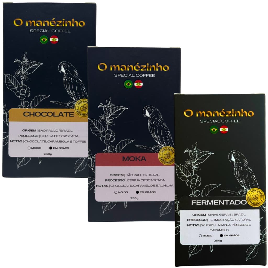 3 Pacotes de 250g de Cafés Especiais Torrado em Grãos 100% Arábica Kit Experiência Manézinho
