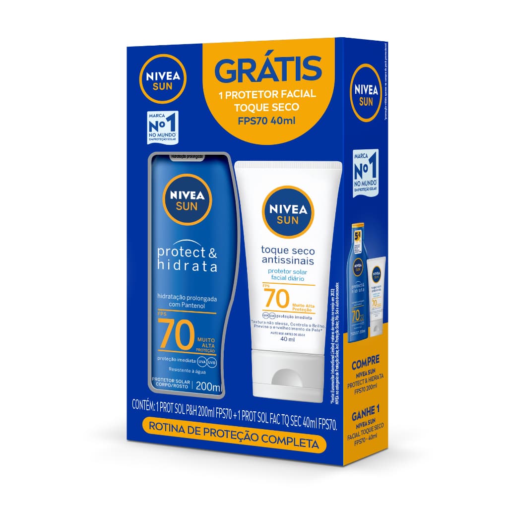 NIVEA KIT Sun Protetor Solar Corporal FPS70 200ml + Protetor Solar Facial FPS70 Toque Seco Antissinais
