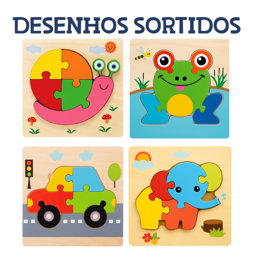 Kit Quebra-Cabeças de Madeira Infantil Sortidos Animais Formas e Personagens Coloridos Educativo