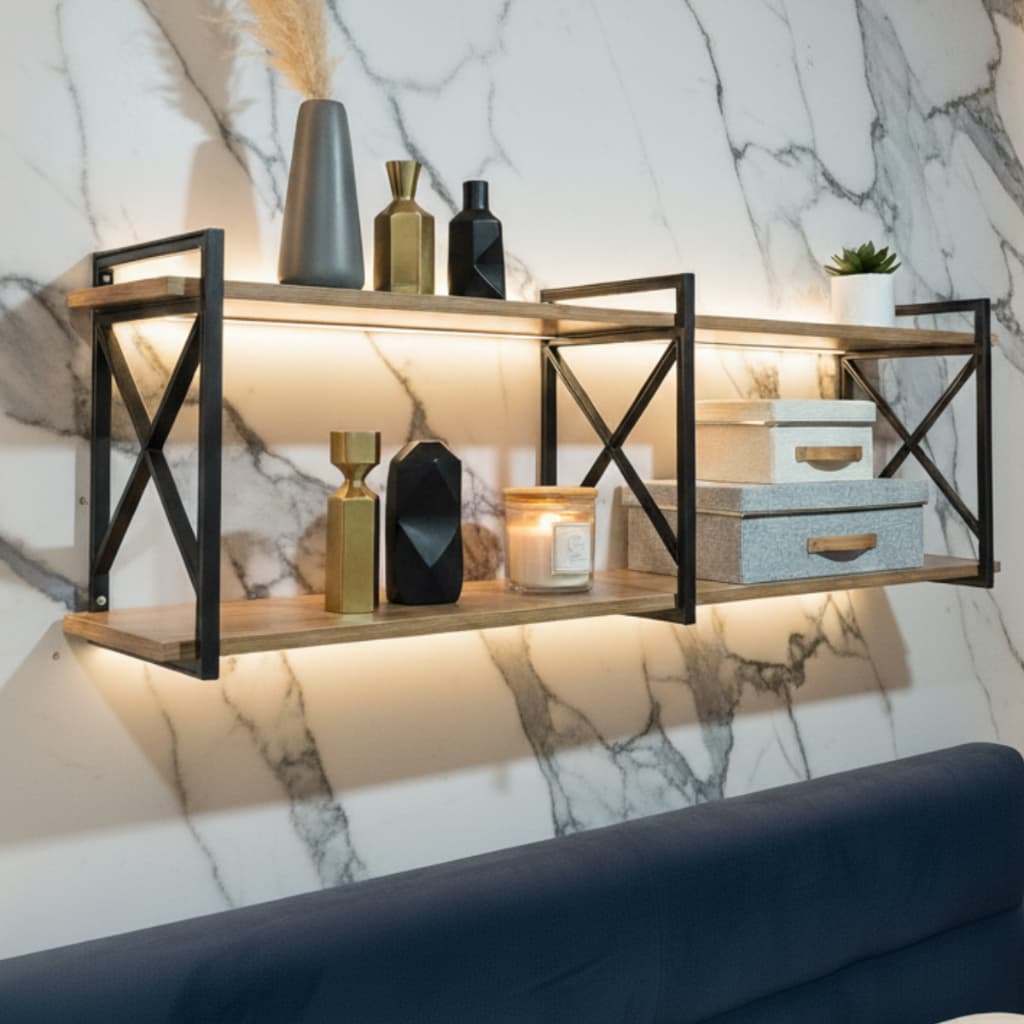 Prateleira Estilo Industrial Suporte X para Organização e Decoração de Ambientes Cor Amadeirado