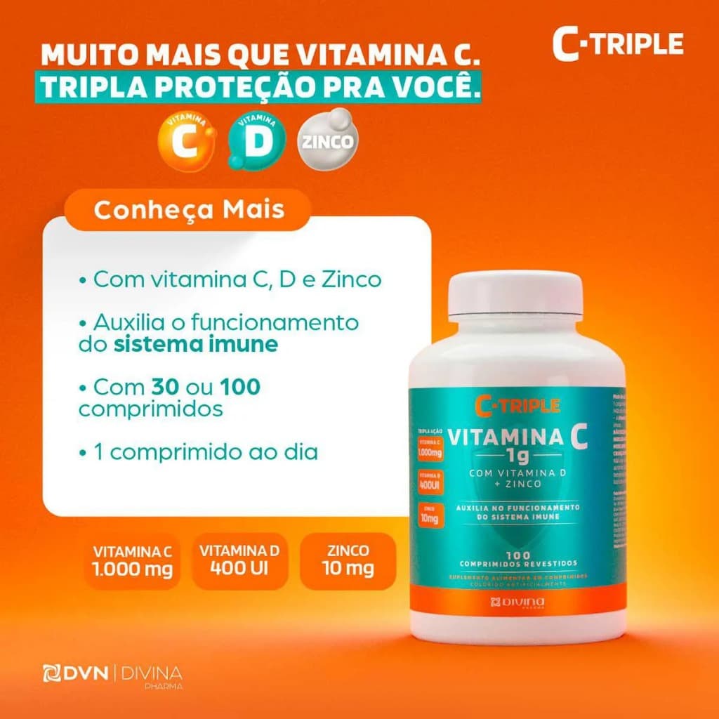 C-Triple Vitamina C 1g + Zinco 10mg + Vitamina D 400UI 100 Comprimidos