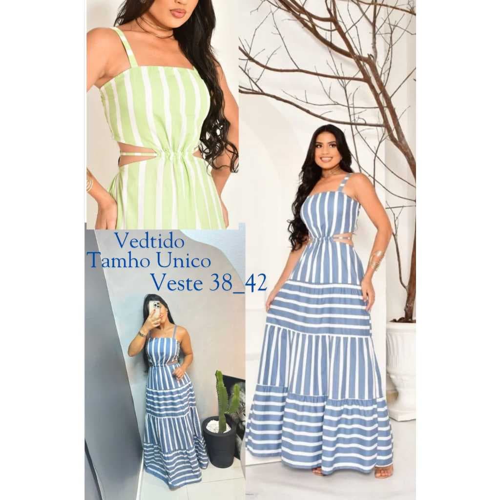 vestido longo feminino listrado, vestido listrado, vestido longo casual básico.
