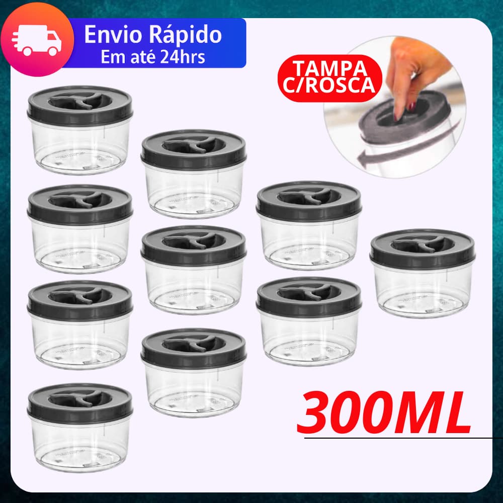 Jogo 10/6 Potes Redondo 300ml Tampa com Rosca BPA FREE Potinho Transparente Tempero Doce Papinha Bebê