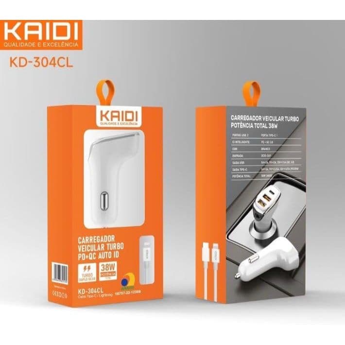Carregador Veicular KAIDI KD-304CL 18W PD + QC 3 Saídas | USB-C + Lightning | Turbo Carro