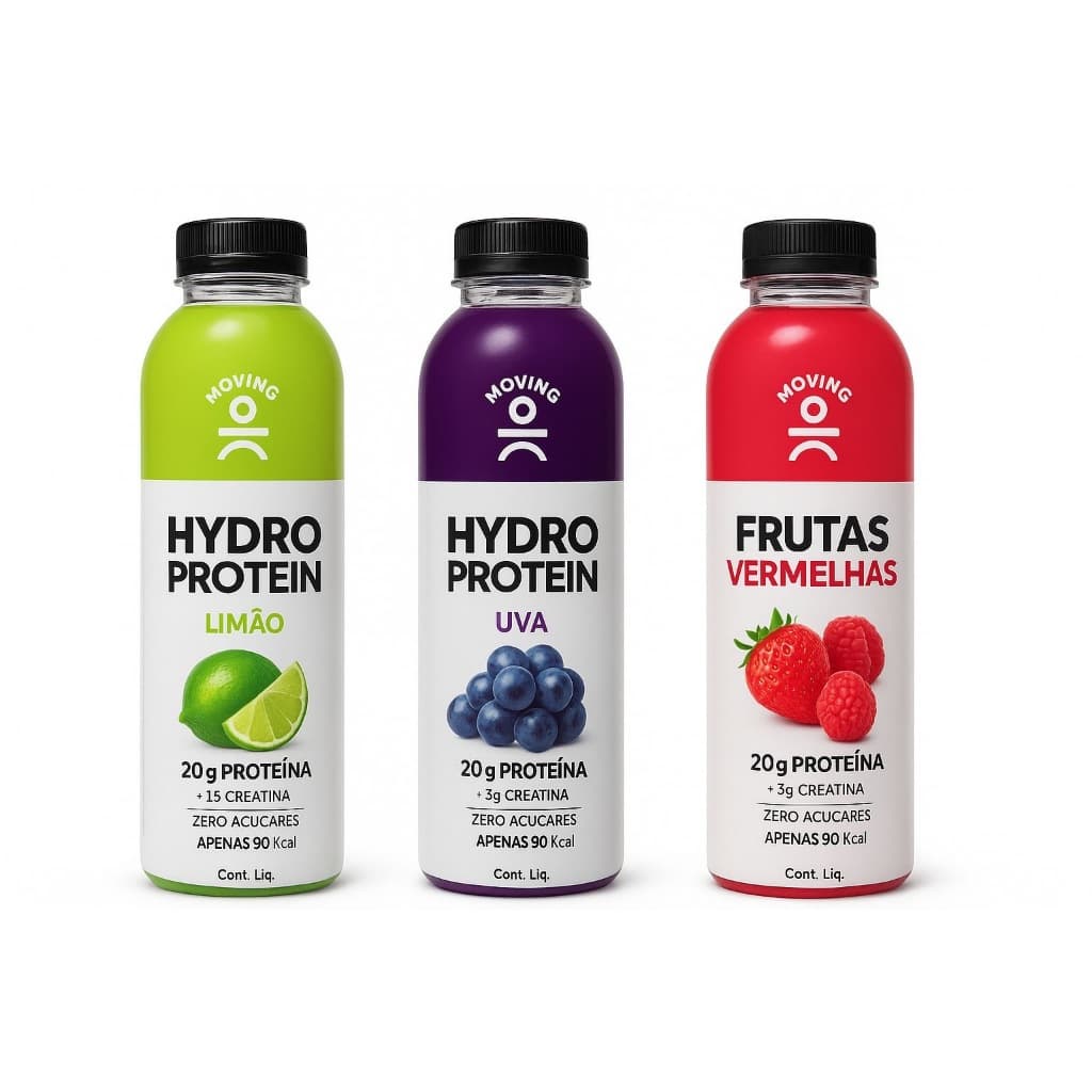 Kit Isotônico Hydro Protein Moving - Limão Uva Frutas Vermelhas - 3x500ml 20g Proteinas Zero Açucares
