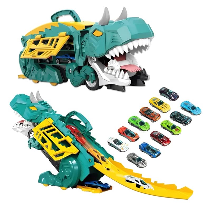 2026 novo Caminhão Dinossauro engolidor e Porta-carrinhos com 4 Carrinhos de Fricção.🚚