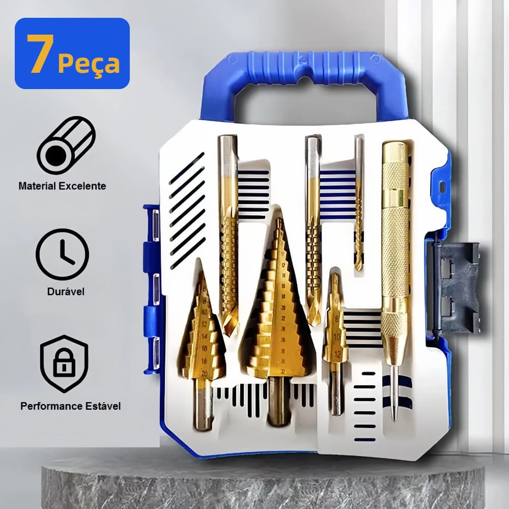 Kit 7 Brocas Escalonada Aço Rapido Titanio 4 A 32mm Corte com Marcador Com Estojo Organizador