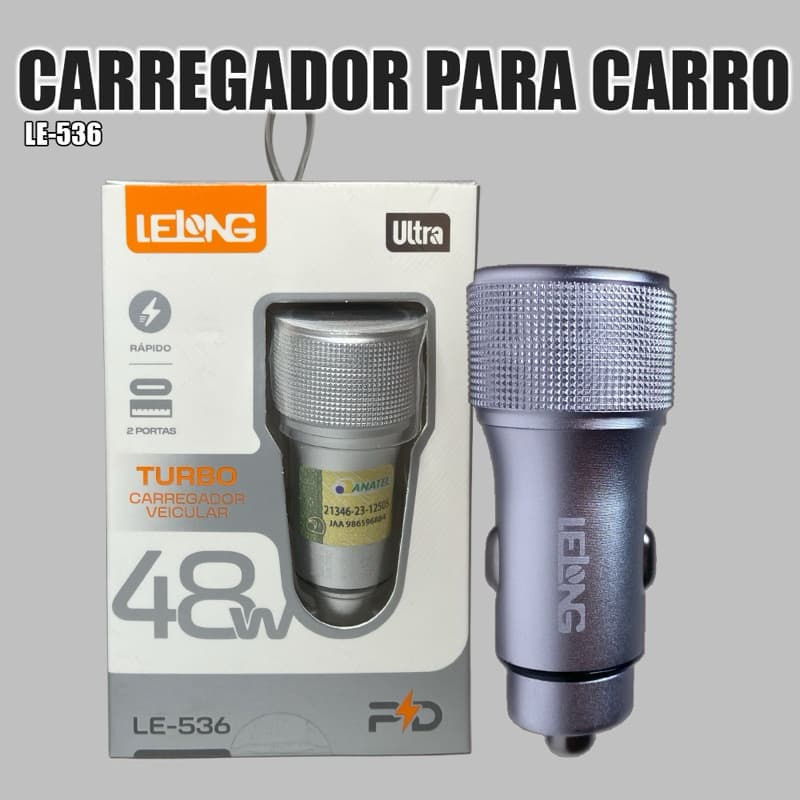 Carregador Veicular Turbo Lelong LE-536 Ultra 48W | 2 Portas USB + Tipo-C