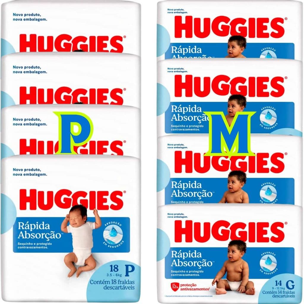 8 Pacotes da Fralda Huggies Rápida Absorção - 4 P e 4 M