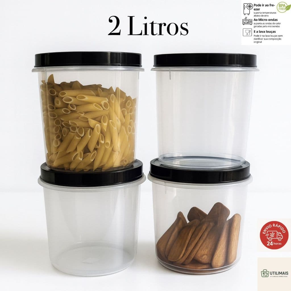 Jogo até 12 Potes 2 Litros Mantimento Plástico com Tampa de Rosca Hermético Multiuso Kit Organizador