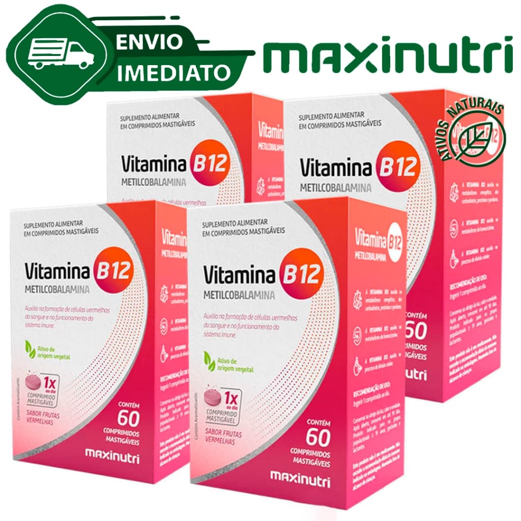 Kit C/4 Vitamina B12 Metilcobalamina Mastigável 60 Comprimidos Maxinutri Zero Açucar Envio Imediato