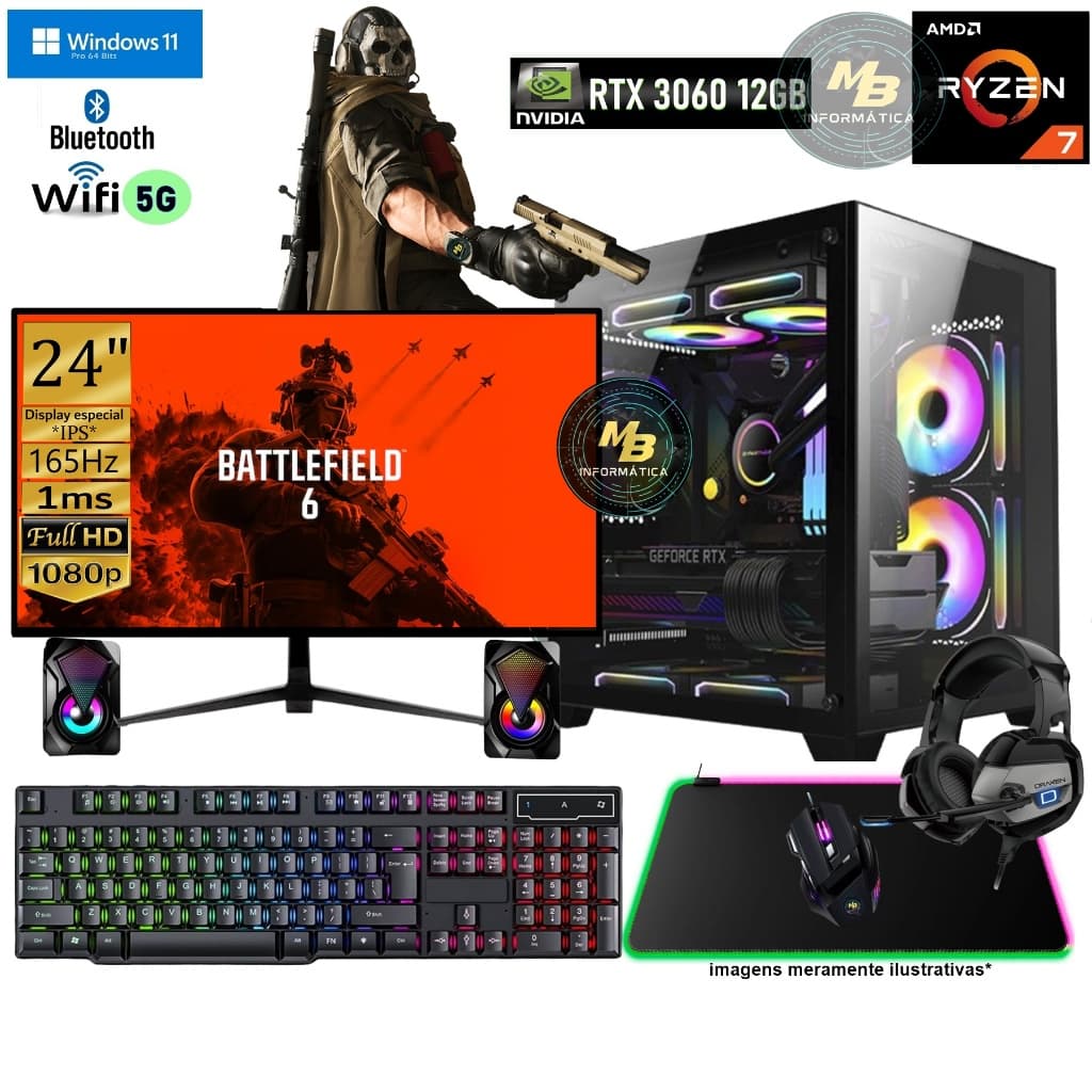 CPU Gamer completo Ryzen 7 5700X Extreme 1 + RTX 3060 12GB + 64GB DDR4 3200Mhz Monitor 24" IPS 165Hz