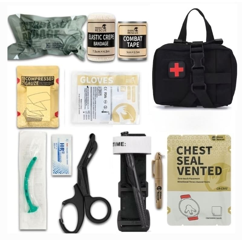 Kit Primeiros Socorros Rhino Rescue 12 Itens com Bolsa Modular Tática Sistema Molle Destacável com Velcro - APH/IFAK