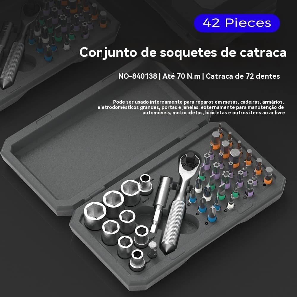 Conjunto de chaves de catraca 42 em 1 caixa de ferramentas completa caixa de manga reversível