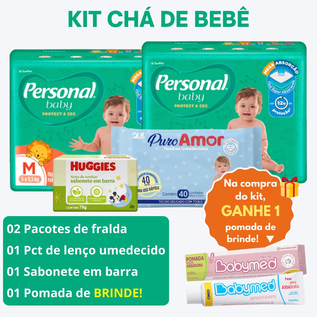 Kit Chá de Bebê  2 Pacotes Fralda Personal Baby + 1 Lenço Umedecido + 1 Pomada + 1 Sabonete Infantil