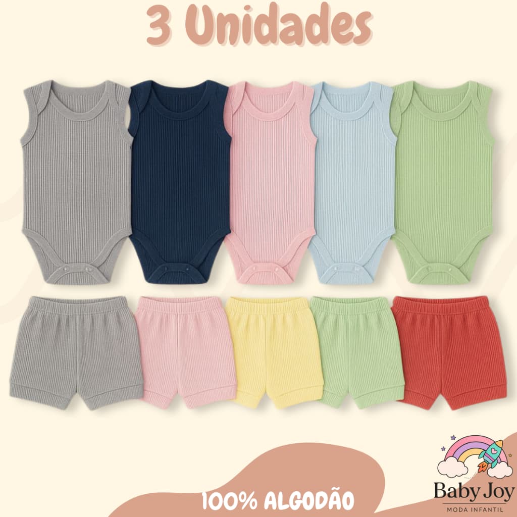 Kit 3 Shorts Liso + Body Regata Ribana Liso Bebe Infantil Para Bebê Menino E Menina Top