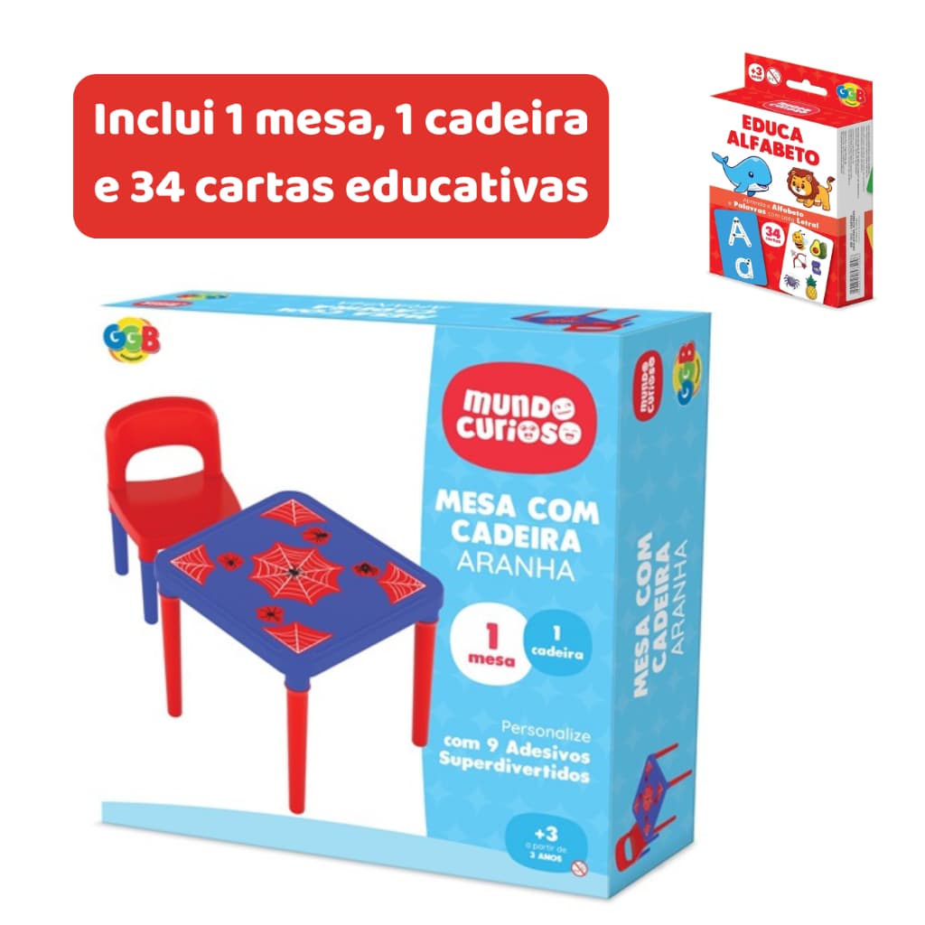 Mesa com Cadeira Infantil Aranha + 34 Cartas Educativas Jogo Educativo Crianças Brinquedo de menino
