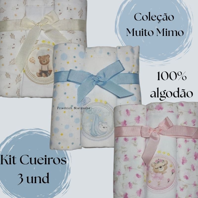 Cueiro Manta Bebê flanelado Kit 3und 80x80 100% algodão Bordado Enxoval Muito Mimo.
