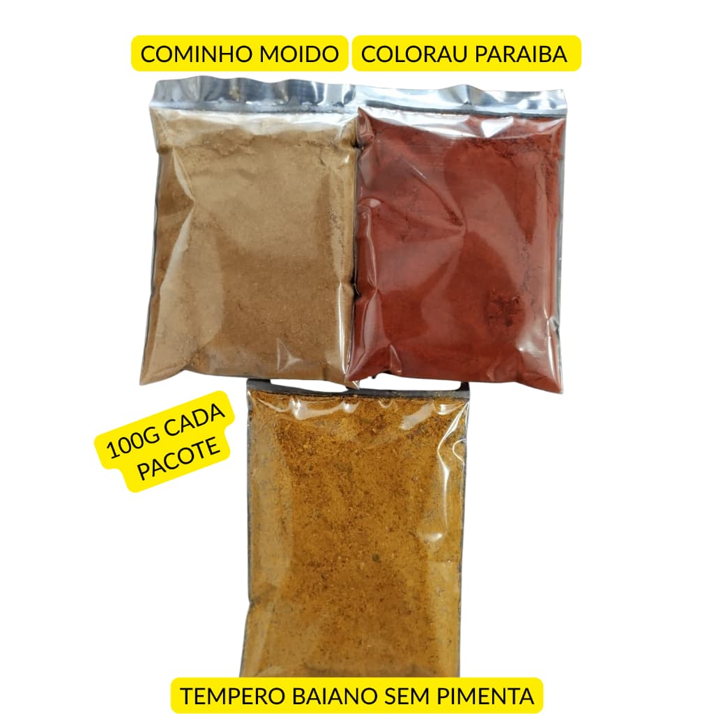 Kit de Temperos Nordestinos – cominho, colorau e tempero baiano - 3 Unidades de 100g cada
