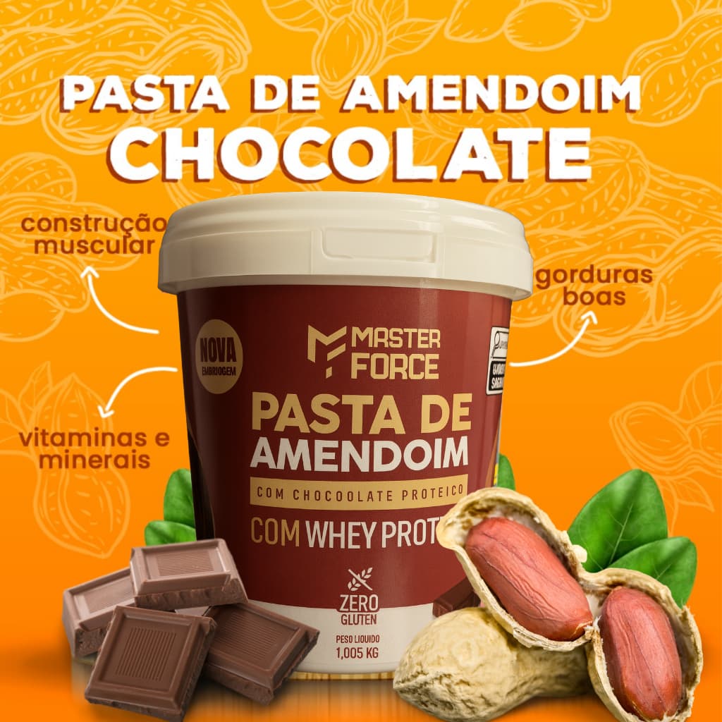 Pasta de Amendoim com Chocolate com Whey Protein Master Force 1,005 Kg sem glúten